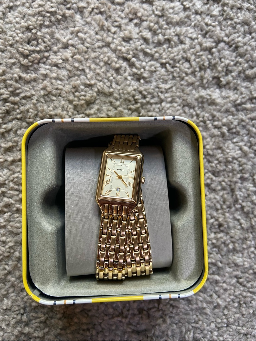 Fossil Gold Rectangular Bracelet Watch with White Dial